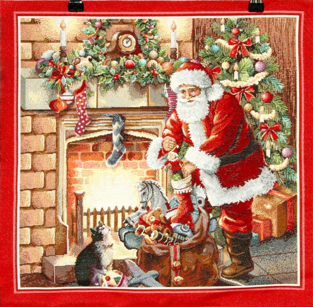 Coussin Noël Père noël devant Cheminé Chat